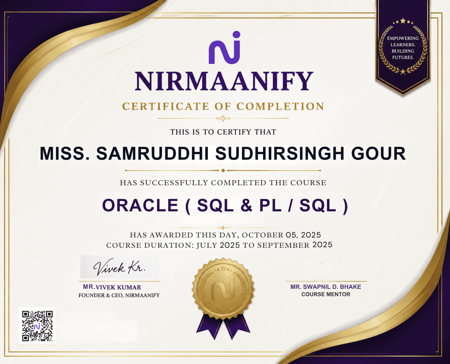Nirmaanify certificate NRM-2026-001