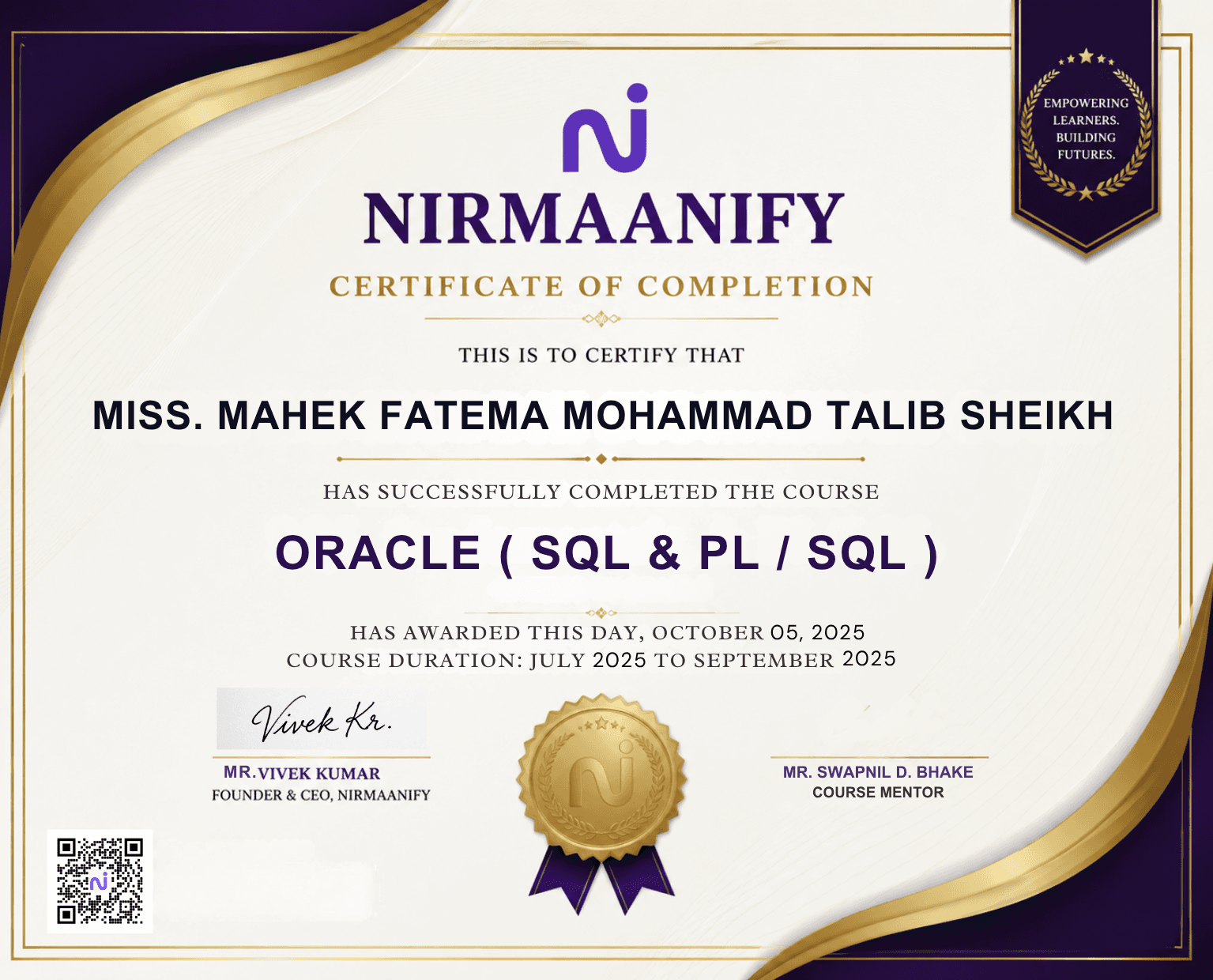 Nirmaanify certificate NRM-2026-002