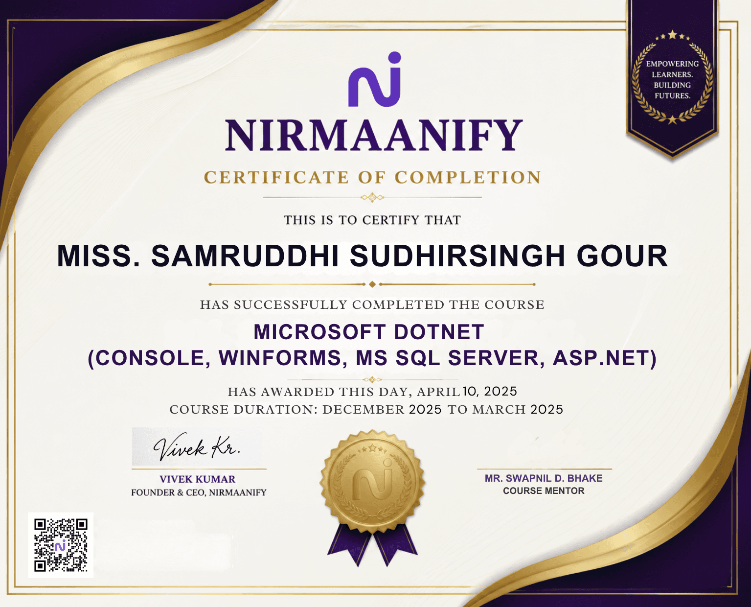 Nirmaanify certificate NRM-2026-004