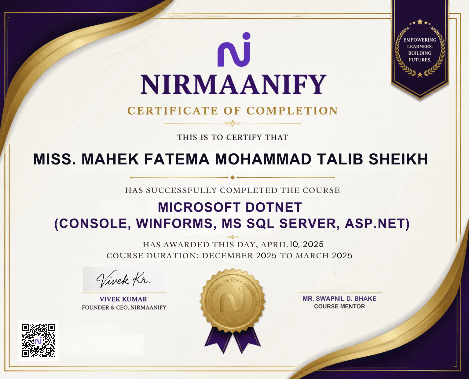 Nirmaanify certificate NRM-2026-005