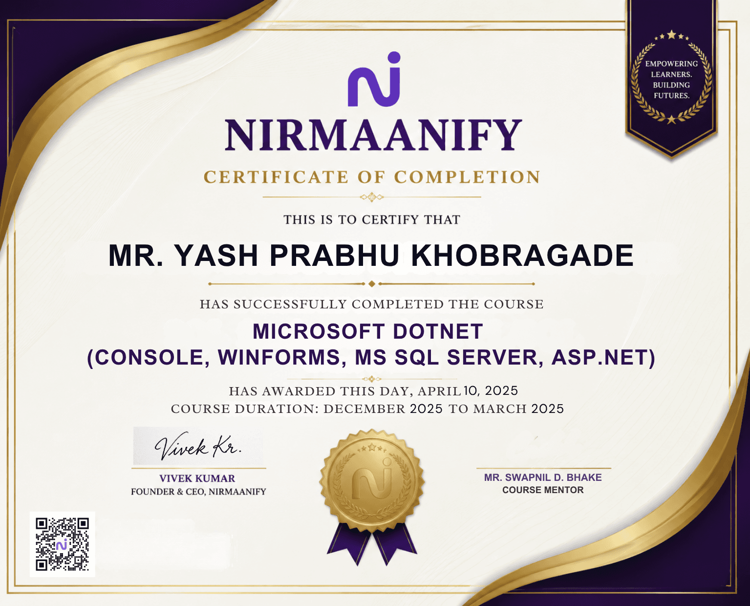 Nirmaanify certificate NRM-2026-006