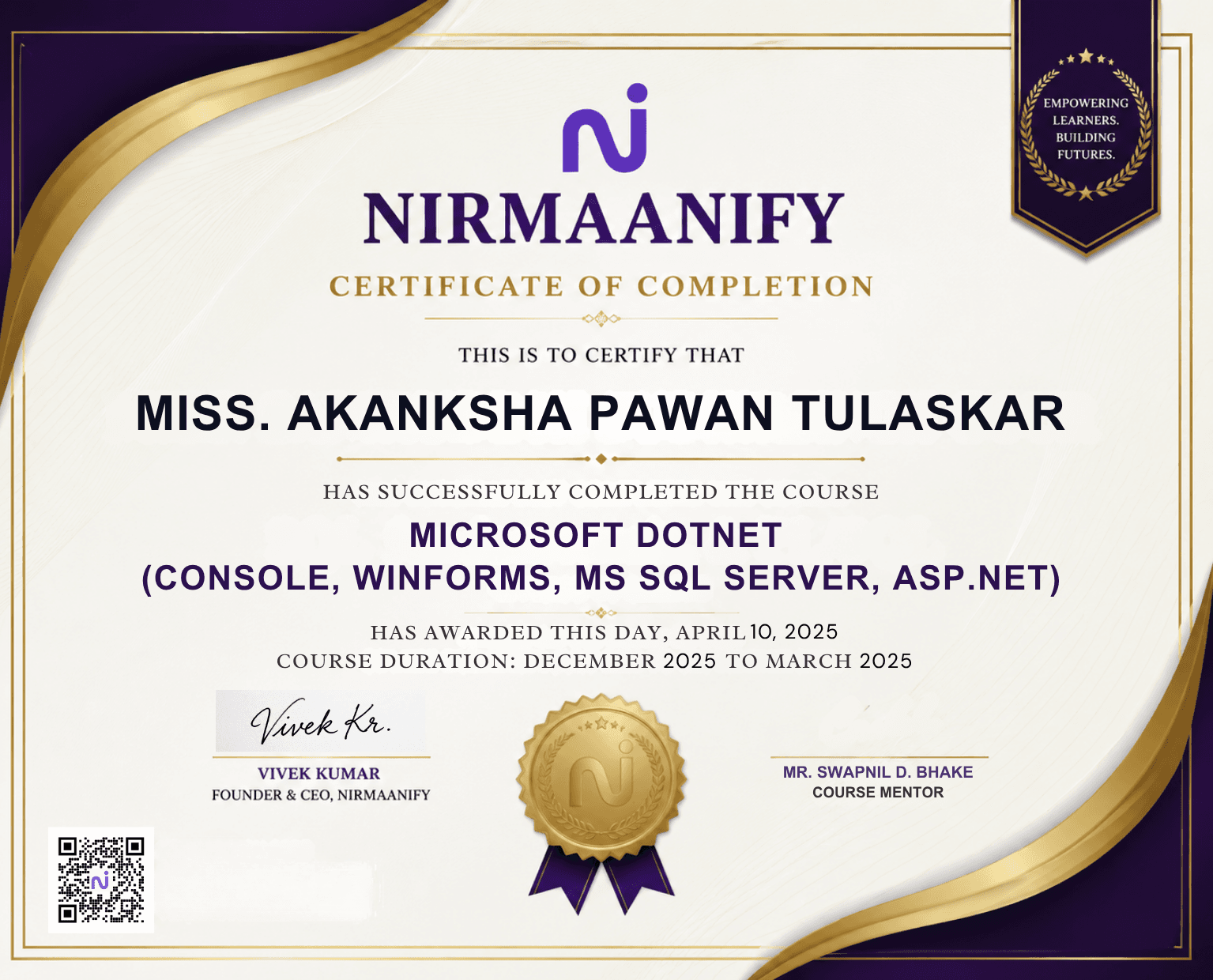 Nirmaanify certificate NRM-2026-007